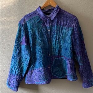 Chico's Silk Button Up Jacket 3/XL Purple Blue Beaded Floral Lined Dye Tie Boho